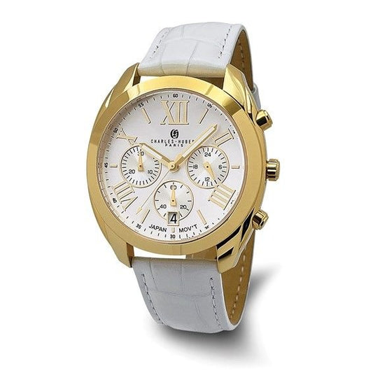 Charles-Hubert Paris Gold Chronograph Watch With White Leather Strap & Lifetime Warranty