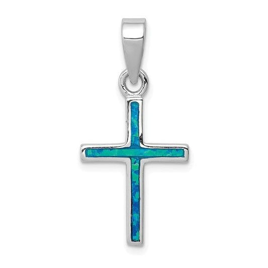 Sterling Silver Rhodium-Plated Blue Inlay Created Opal Thin Cross Pendant