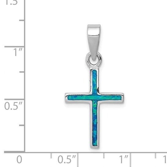 Sterling Silver Rhodium-Plated Blue Inlay Created Opal Thin Cross Pendant