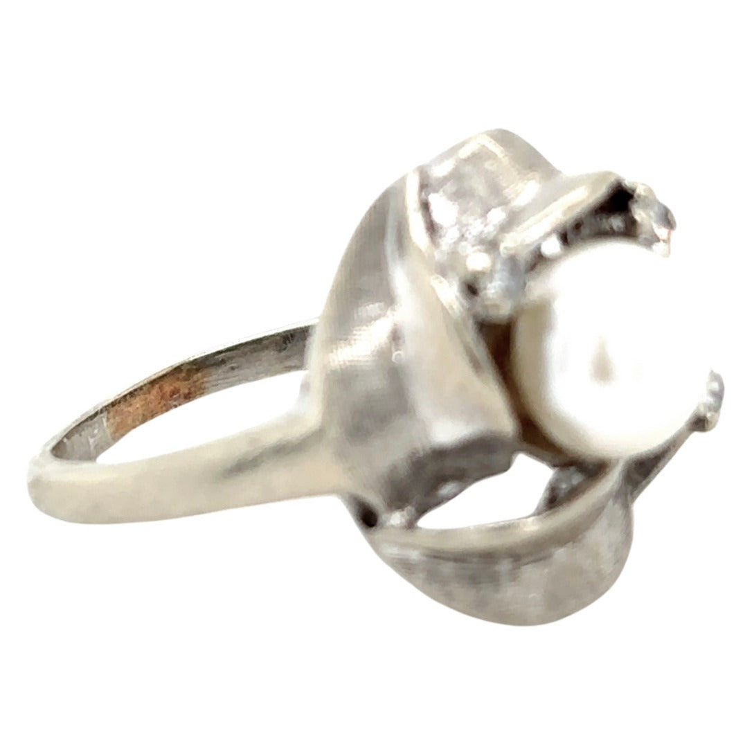 Pearl Solitaire & Diamond 14k White Gold Ring 3.9g Size 5