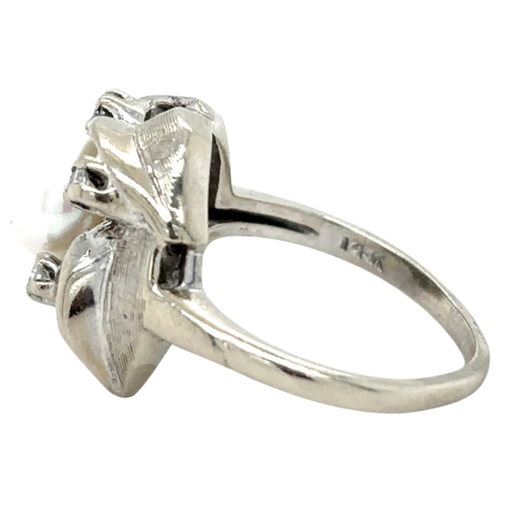 Pearl Solitaire & Diamond 14k White Gold Ring 3.9g Size 5