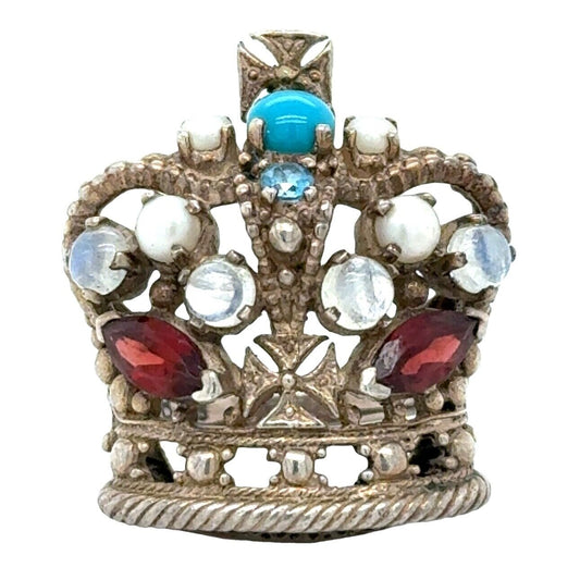 Sterling Silver Multi-Gemstone Crown Ring Size 7.5 Turquoise & Garnet 12.1g