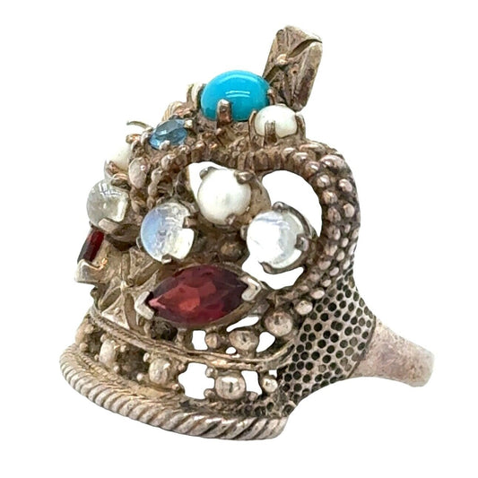 Sterling Silver Multi-Gemstone Crown Ring Size 7.5 Turquoise & Garnet 12.1g