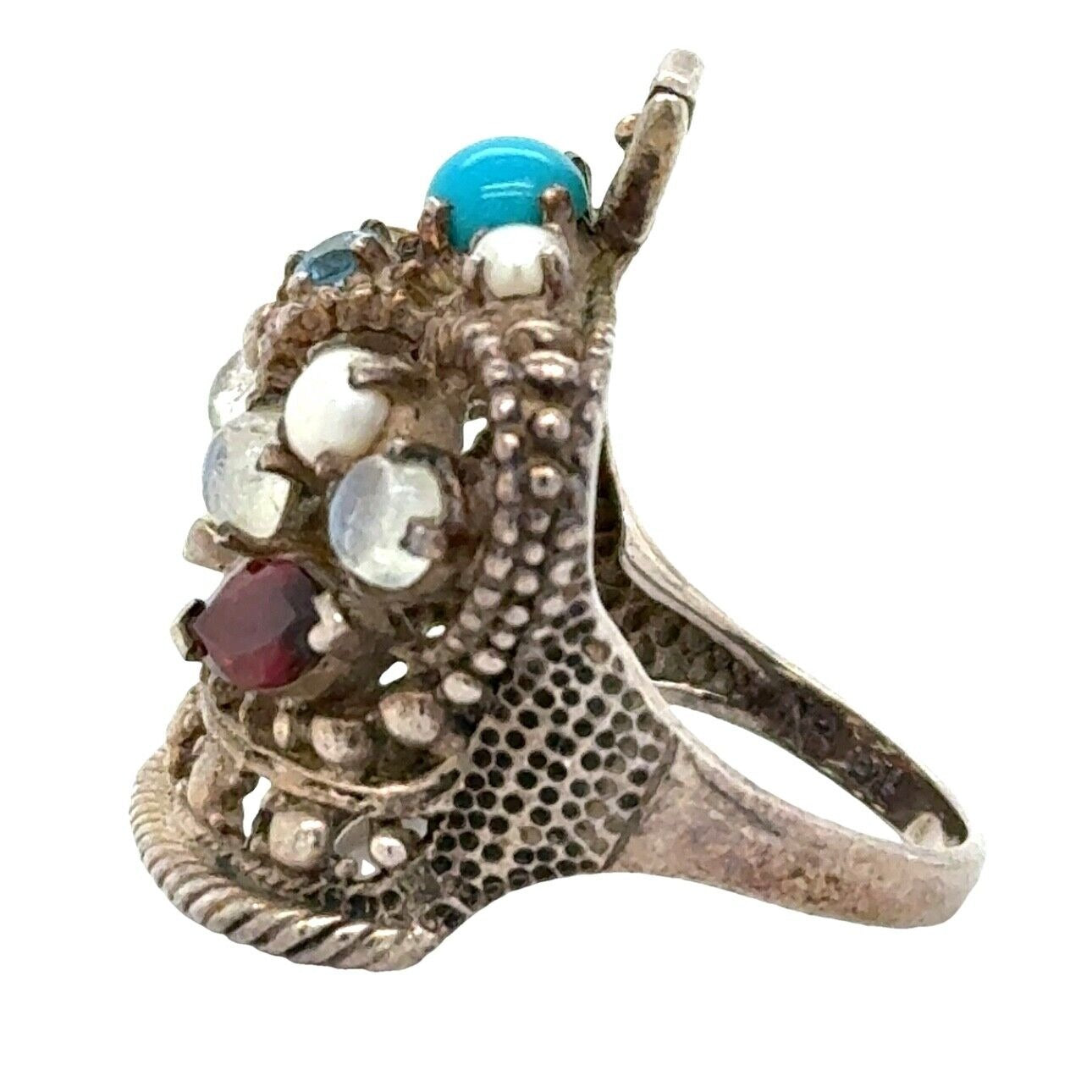 Sterling Silver Multi-Gemstone Crown Ring Size 7.5 Turquoise & Garnet 12.1g