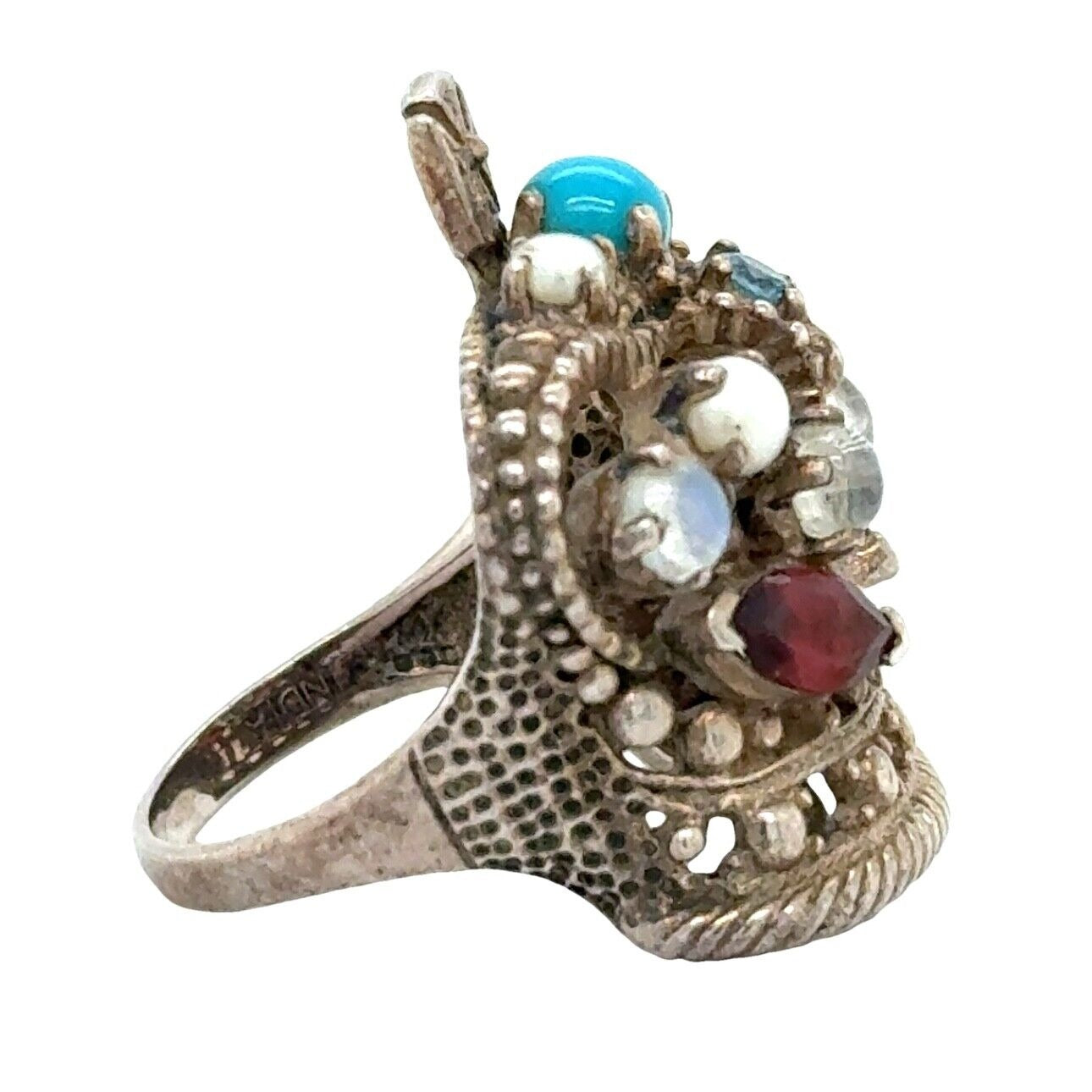 Sterling Silver Multi-Gemstone Crown Ring Size 7.5 Turquoise & Garnet 12.1g