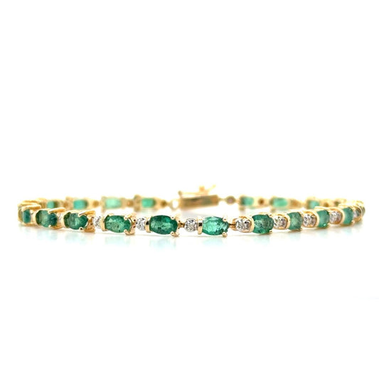 14k Yellow Gold Emerald & Diamond Bracelet 7.25 Inch 7.4g