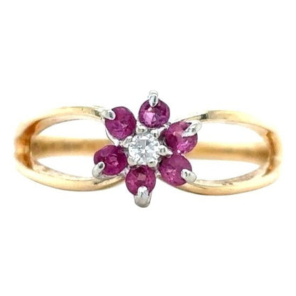 Ruby & Diamond 10k Yellow Gold Flower Ring 1.6g Size 4.75