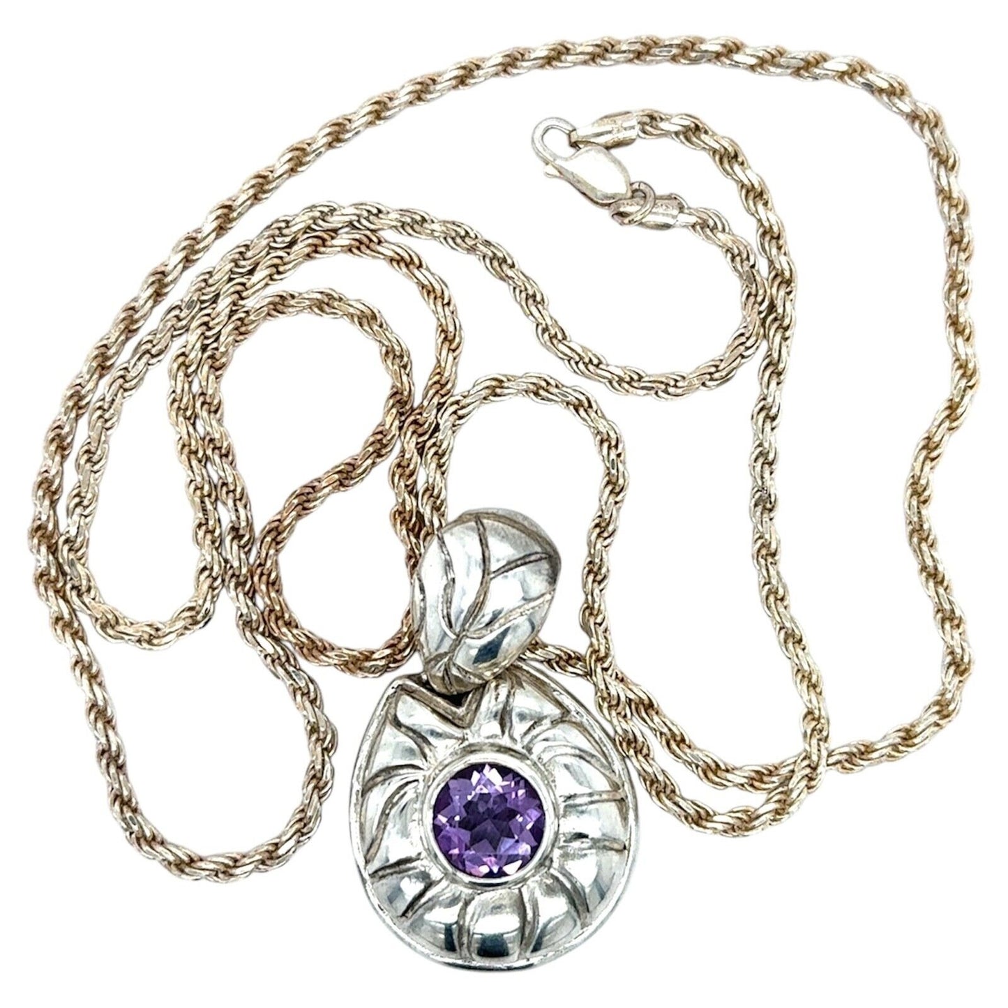 Amethyst Pendant with 30" Rope Necklace Sterling Silver 33.8g