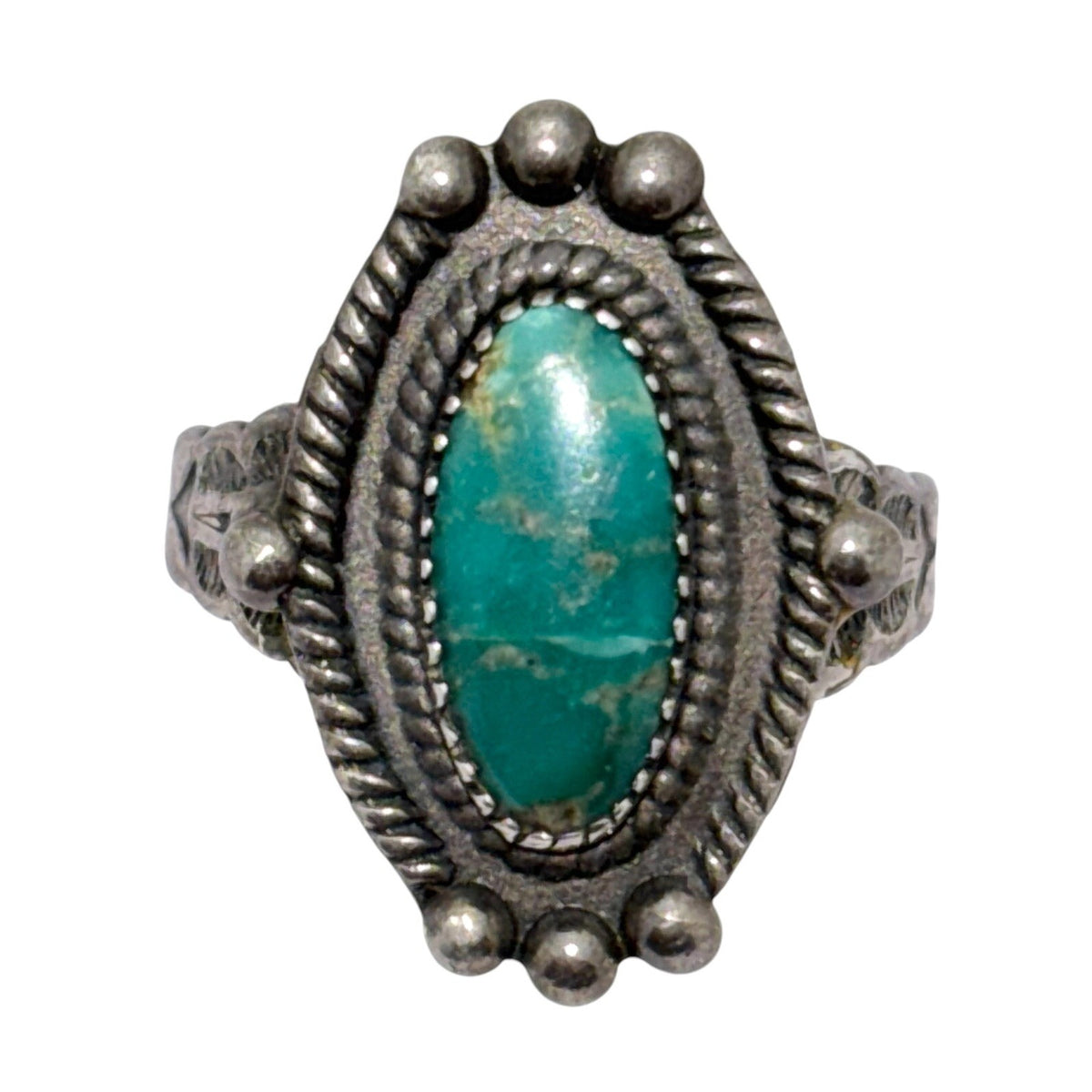 Vintage Southwestern Sterling Silver 925 Oval Turquoise Rope Style Ring Size 6.5