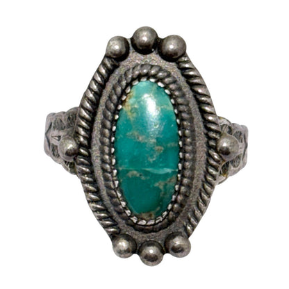 Vintage Southwestern Sterling Silver 925 Oval Turquoise Rope Style Ring Size 6.5