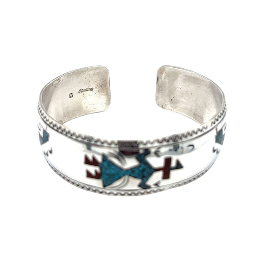 Crushed Turquoise & Coral Cuff Bracelet REAL SOLID .925 Sterling Silver 13.9 g