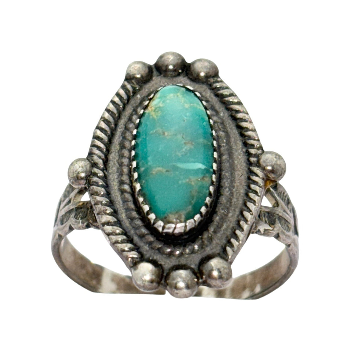 Vintage Southwestern Sterling Silver 925 Oval Turquoise Rope Style Ring Size 6.5