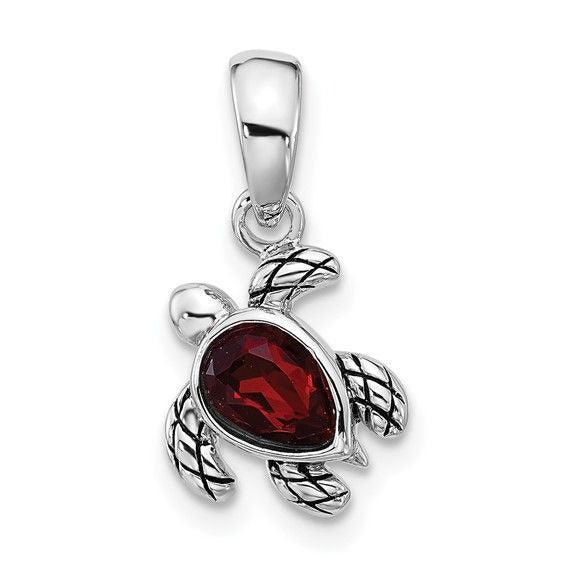 Sterling Silver  January Birthstone Turtle Pendant With Red Crystal