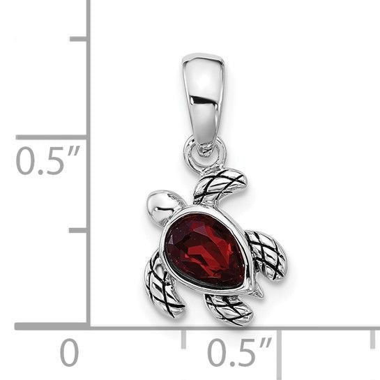 Sterling Silver  January Birthstone Turtle Pendant With Red Crystal