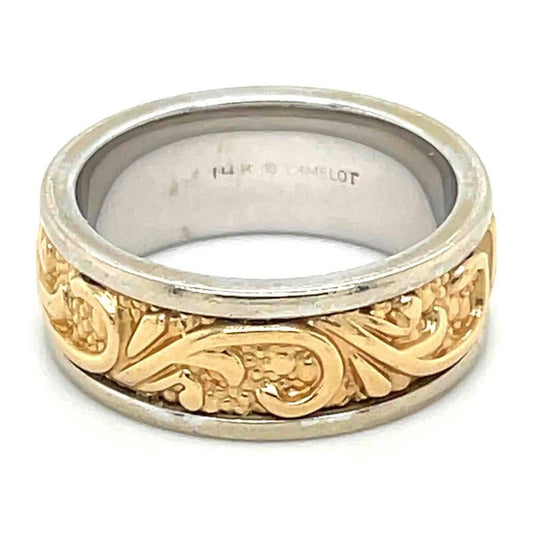 14K Yellow & White Gold Sculptural Wedding Band 7mm 7.9g Size 4.75