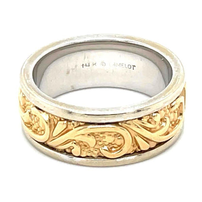 14K Yellow & White Gold Sculptural Wedding Band 7mm 7.9g Size 4.75
