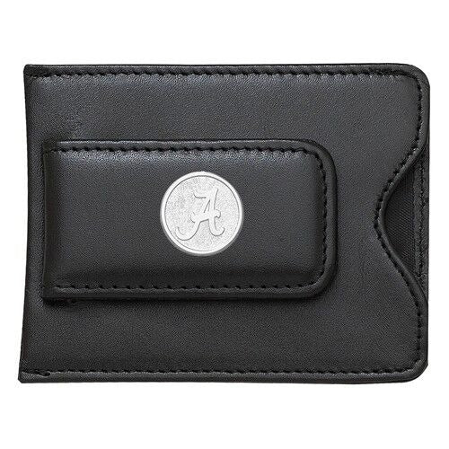 University Of Alabama Black Leather Money Clip & Card Holder With Sterling Silver Script "A" Emblem