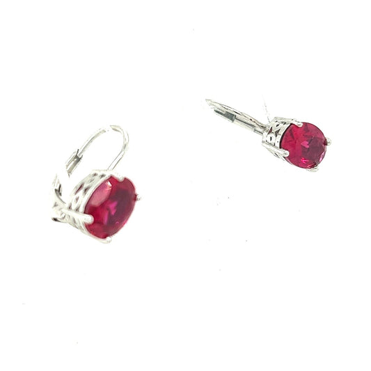 Rhodium-Plated Sterling Silver Imitation Ruby Leverback Earrings 2.6g