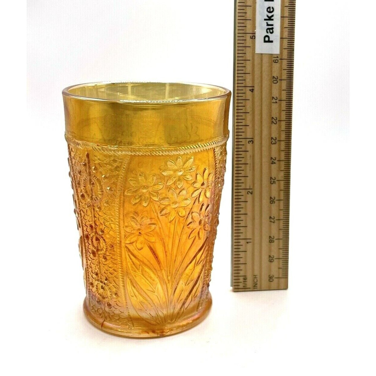 Vintage Carnival Glass Cup Iridescent Tumbler Water Marigold Orange Swirl