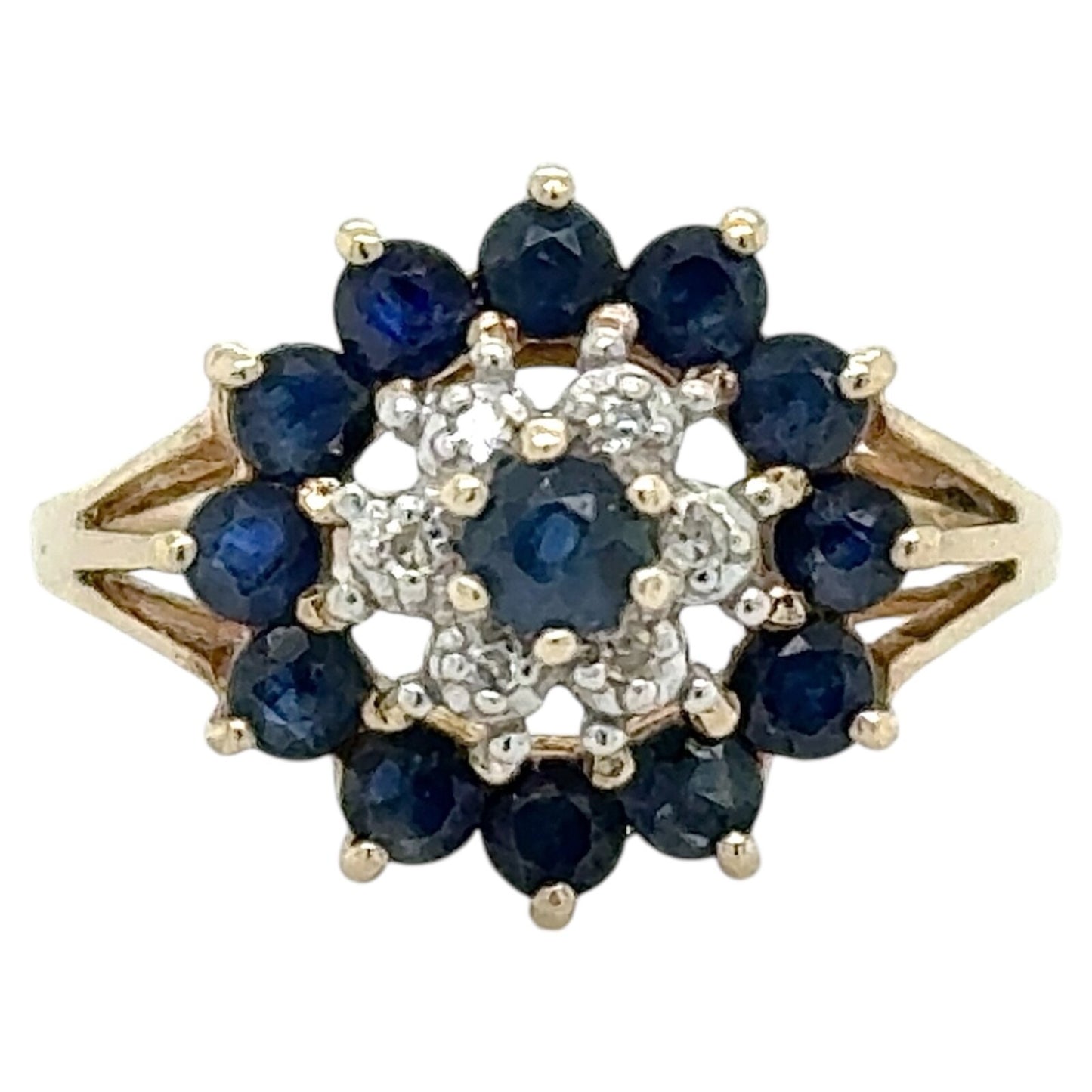 Sapphire & Diamond Cluster 10k Yellow Gold Ring 2.2g Size 6.25
