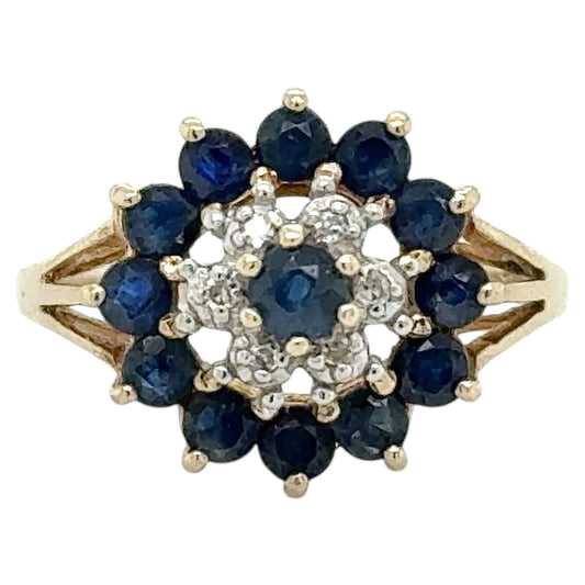 Sapphire & Diamond Cluster 10k Yellow Gold Ring 2.2g Size 6.25