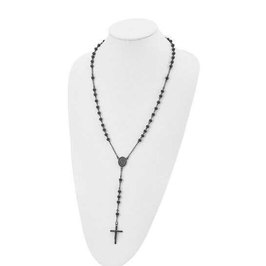 Chisel Stainless Steel Polished Black IP-Plated Beaded 30" Rosary Necklace With Cross Pendant