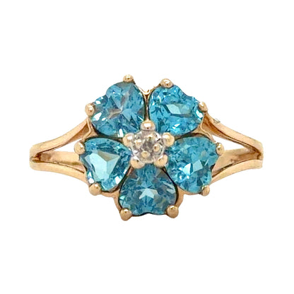 Blue Topaz & Diamond 10k Yellow Gold Floral Ring 2.1g Size 5.75