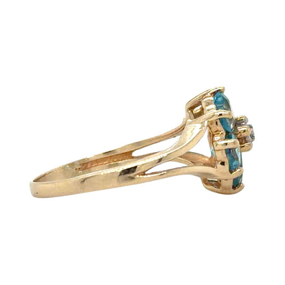 Blue Topaz & Diamond 10k Yellow Gold Floral Ring 2.1g Size 5.75
