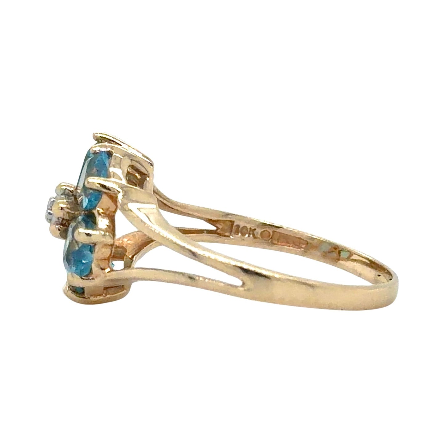 Blue Topaz & Diamond 10k Yellow Gold Floral Ring 2.1g Size 5.75