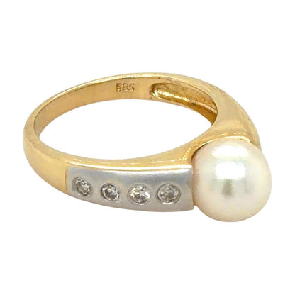Pearl Solitaire & Diamond 14k Yellow Gold Ring 3.7g Size 6
