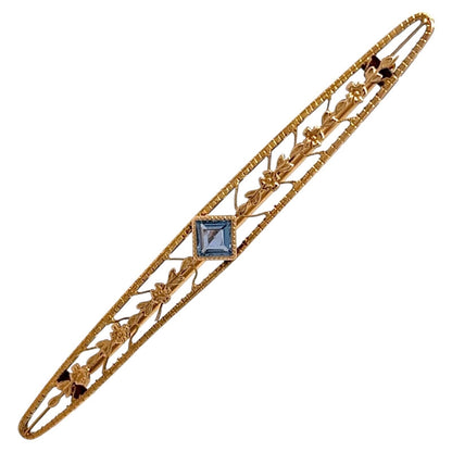 Vintage Blue Topaz 14K Yellow Gold Bar Pin 3.3g Elegant Floral Design