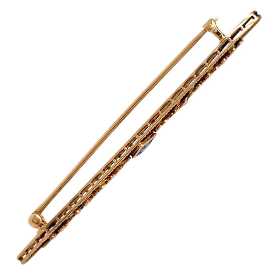 Vintage Blue Topaz 14K Yellow Gold Bar Pin 3.3g Elegant Floral Design