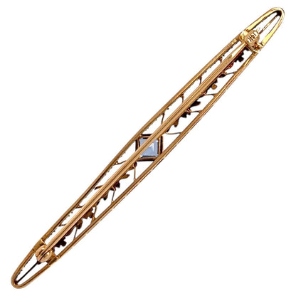 Vintage Blue Topaz 14K Yellow Gold Bar Pin 3.3g Elegant Floral Design
