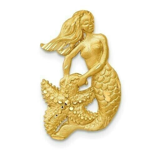 14K Yellow Gold Satin Diamond-Cut Mermaid Pendant With Open-Back Design