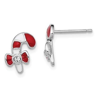 Sterling Silver Rhodium-Plated Candy Cane Earrings With Red Enamel & Crystal Accents