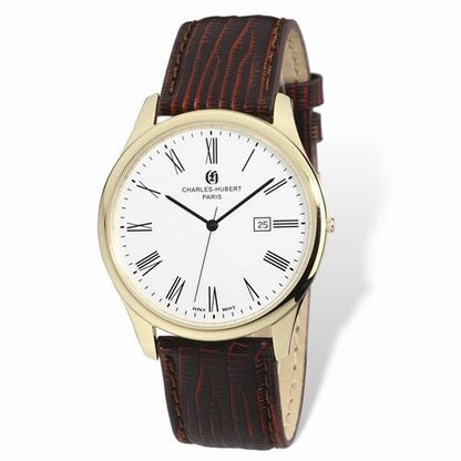 Charles-Hubert Mens Gold Leather Band Watch Date & Roman Numerals