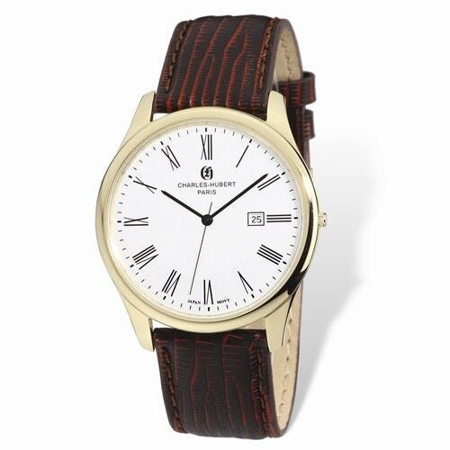 Charles-Hubert Mens Gold Leather Band Watch Date & Roman Numerals