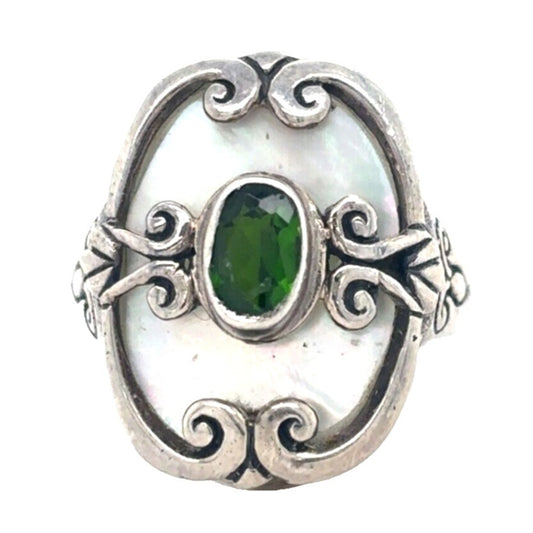 Sterling Silver Mother of Pearl with Green Quartz Accent Size 7.75 Ring 6.3g