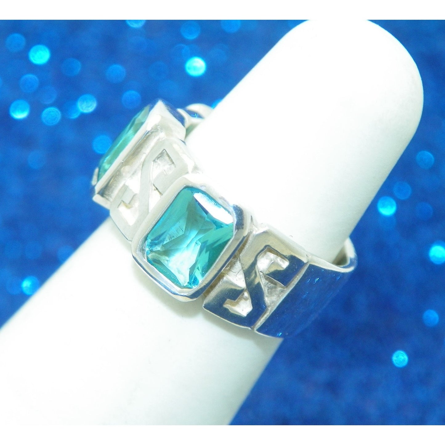 Sterling Silver Blue Glass Band Ring 6.6g Size 5.25