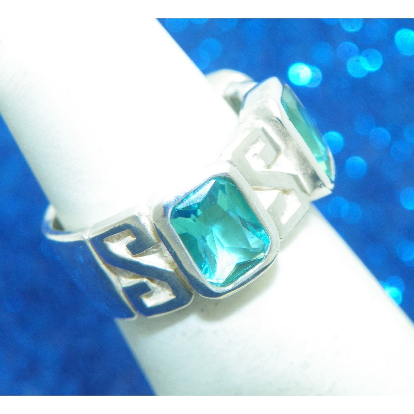 Sterling Silver Blue Glass Band Ring 6.6g Size 5.25