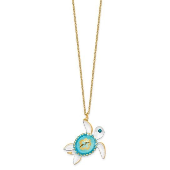 Glass Baron Blue Sea Turtle Necklace Swarovski Crystal Accent & 18-Inch Gold-Tone Chain