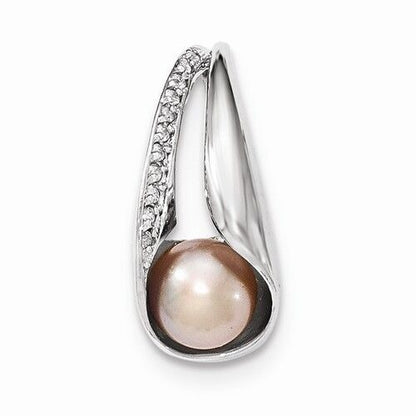 Sterling Silver CZ Pendant With 8-9mm Freshwater Cultured Pink Button Pearl