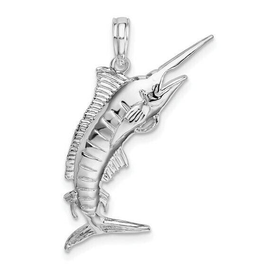 Sterling Silver 925 Marlin Fish Pendant 29mm X 11mm White