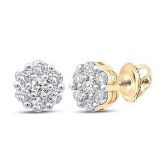 1/2 ctw 10K Yellow Gold Round Diamond Flower Cluster Earrings