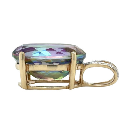 10k Yellow Gold Mystic Topaz Solitaire Oval Pendant Diamond 2.6g