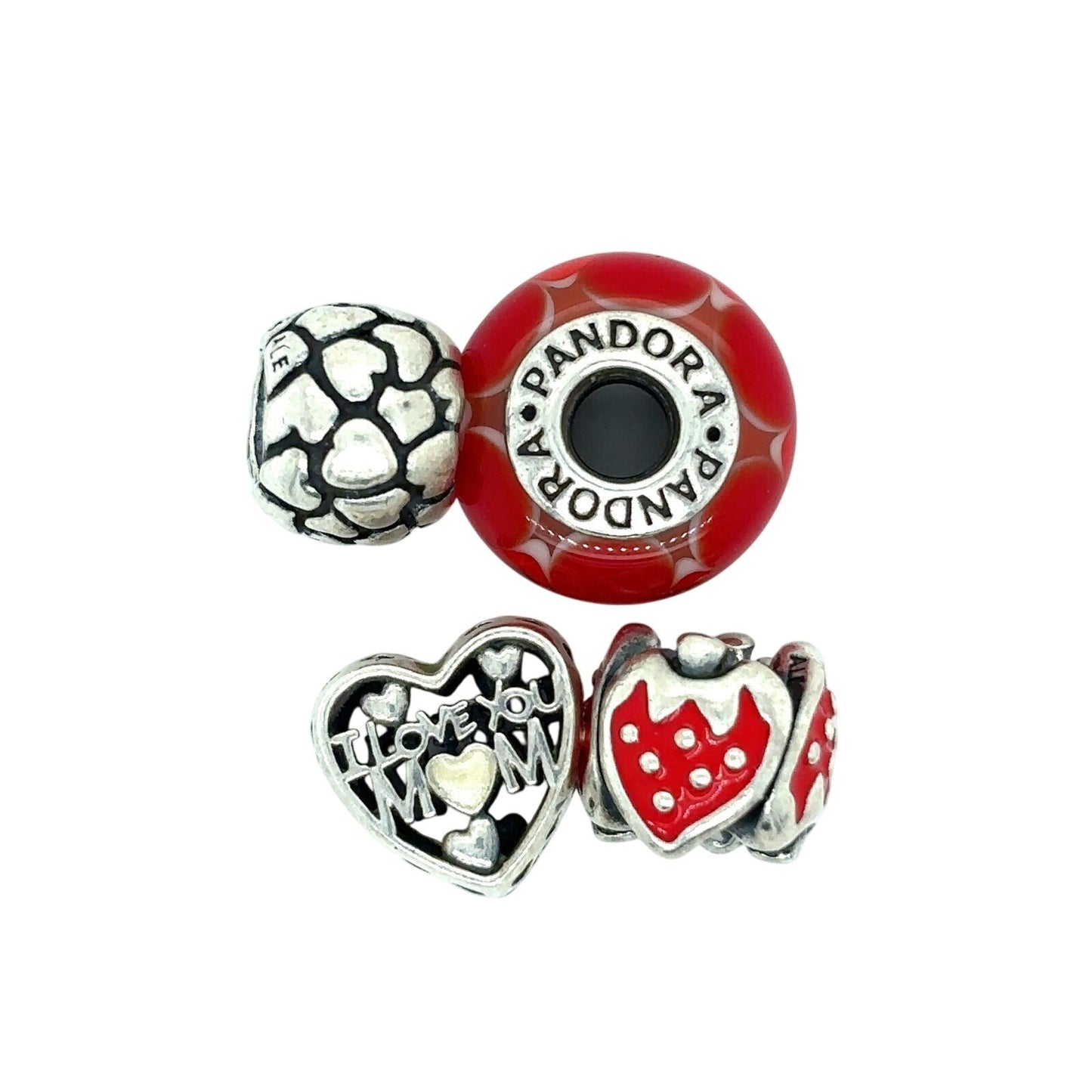 Pandora Sterling Silver & Red Enamel Charm Bead Set Hearts Mom Message Strawberry Design