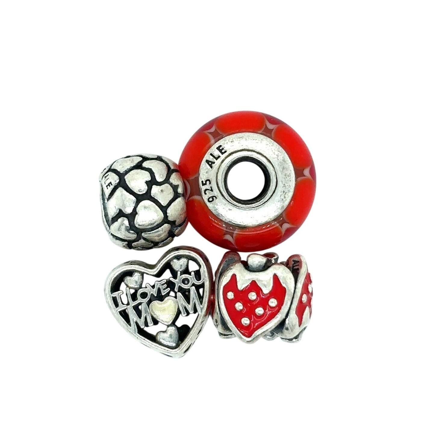 Pandora Sterling Silver & Red Enamel Charm Bead Set Hearts Mom Message Strawberry Design