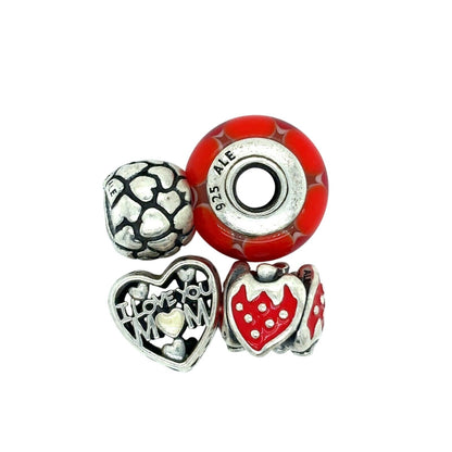 Pandora Sterling Silver & Red Enamel Charm Bead Set Hearts Mom Message Strawberry Design