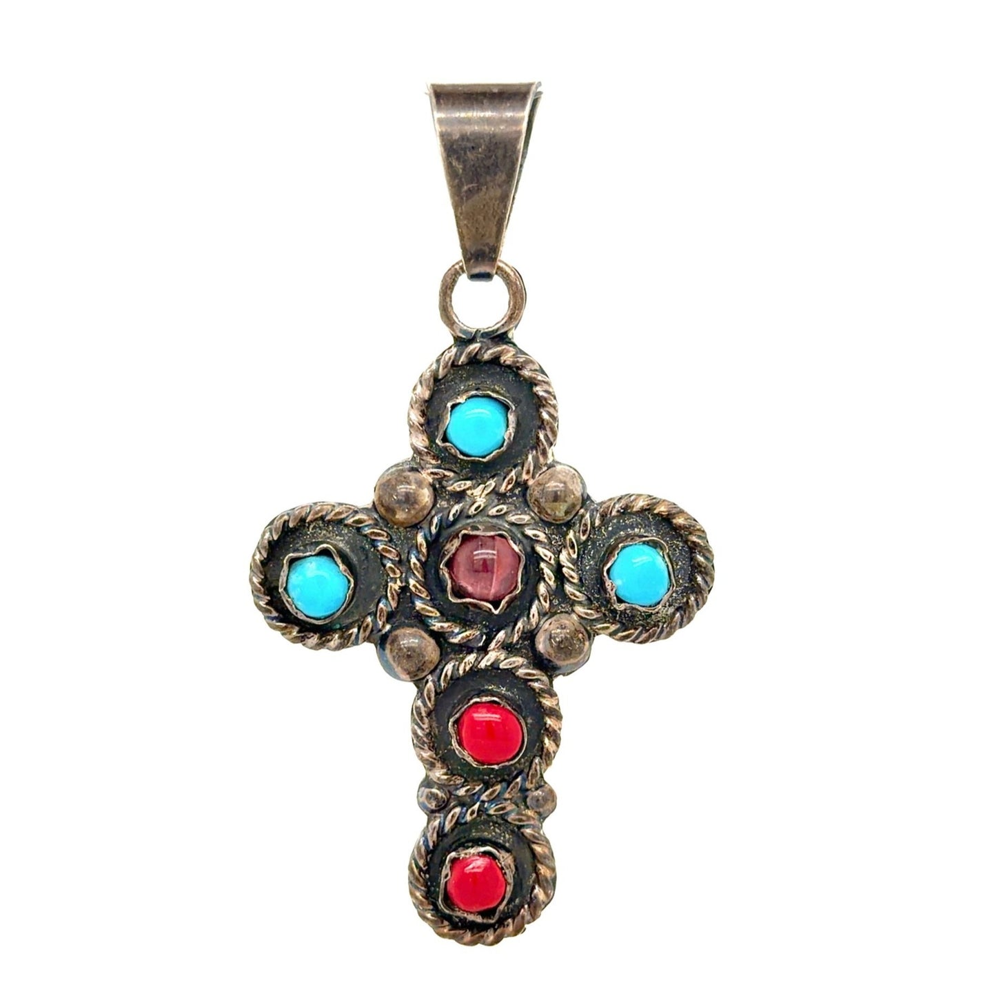 Vintage Handmade Amethyst, Turquoise, & Red Howlite Sterling Silver Cross Pendant 14.1g