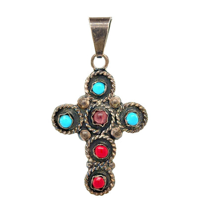 Vintage Handmade Amethyst, Turquoise, & Red Howlite Sterling Silver Cross Pendant 14.1g
